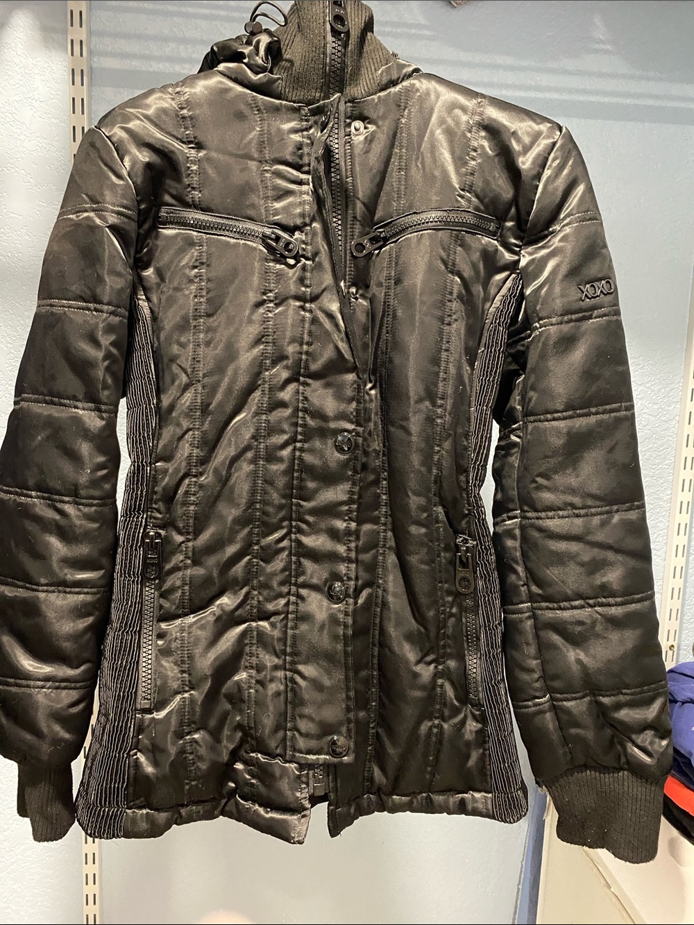 XOXO Women's Black Quilted Puffer Jacket with Ribbed Side Panels